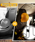 Comparison of hard hat on seat vs Two Pack Steel Hard Hat Rack For Trucks Over The Seat, image showing rack use
