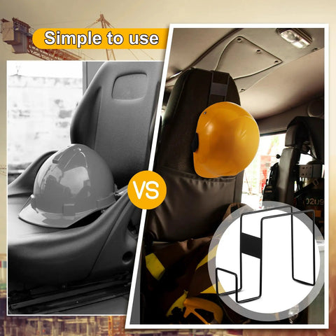 Comparison of hard hat on seat vs Two Pack Steel Hard Hat Rack For Trucks Over The Seat, image showing rack use