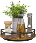 Rotating Nine Inch Lazy Susan Spice Organizer For Kitchen Countertop And Cabinet, featuring a wood tray with a plant and condiments