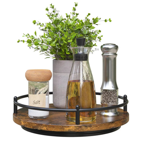 Rotating Nine Inch Lazy Susan Spice Organizer For Kitchen Countertop And Cabinet, featuring a wood tray with a plant and condiments