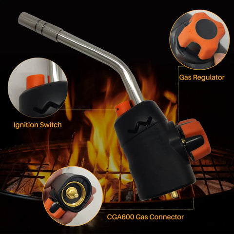 Pro Grade Self Ignition Propane Torch Head Kit With Trigger Start Pencil Flame Welding Torch showing gas regulator and connector