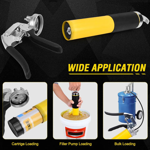 Grease Gun Kit with pistol-grip, yellow body, 7000 PSI, 18-inch resin hose, 14 oz capacity for automotive/marine