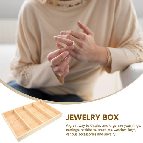 Straight Up Chic Wooden Jewelry Tray Organizer With Four Spacious Compartments To Keep Ring Collections Tidy While Adding Lowkey Premium Desk Vibes To Your Nightstand Or Dresser Surface, displayed with hands.