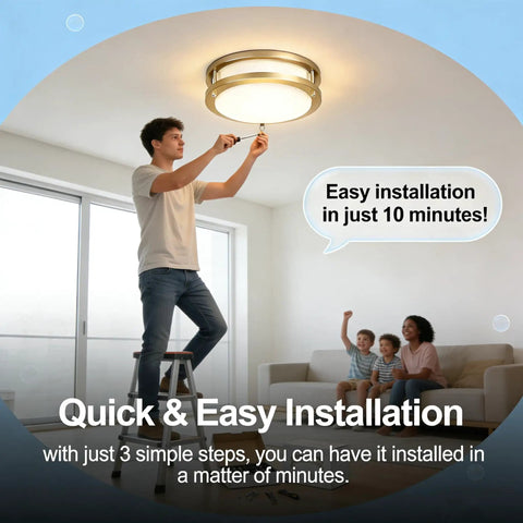 Person installing 36W Dimmable LED Ceiling Light Fixture, Flush Mount Ceiling Light For Bedroom Kitchen Bathroom, Ultra Bright 4000 Lumen Daylight White 5000K, 400W Equivalent, UL Listed, Easy DIY Install in living room.