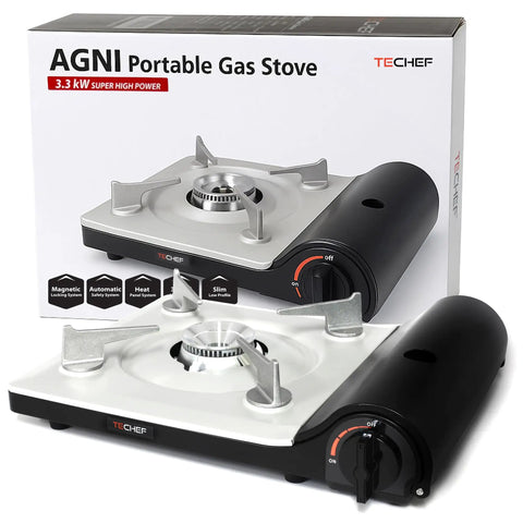 Agni Portable Butane Camp Stove With Auto Piezo Ignition, 2800 Kcal Hr Output 11500 BTU, black and silver design with control dial.