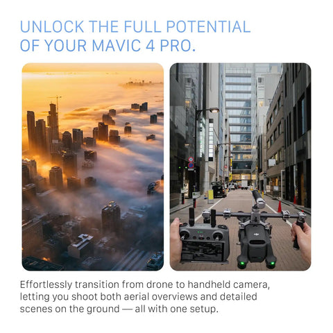Urban aerial view and drone setup with Dope Handheld Cage Rig For DJI Mavic 4 Pro Titanium White Full Camera Cage
