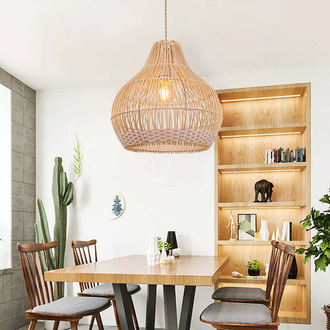 White Rattan Pendant Light For Kitchen Island And Living Room, Coastal Round Wicker Chandelier, dining area view.