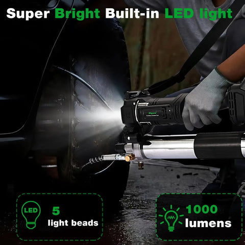 Cordless Grease Gun 12000 PSI Kit With 2 Rechargeable Batteries 39.4 Inch Flexible Hose LED Light illuminating tire work