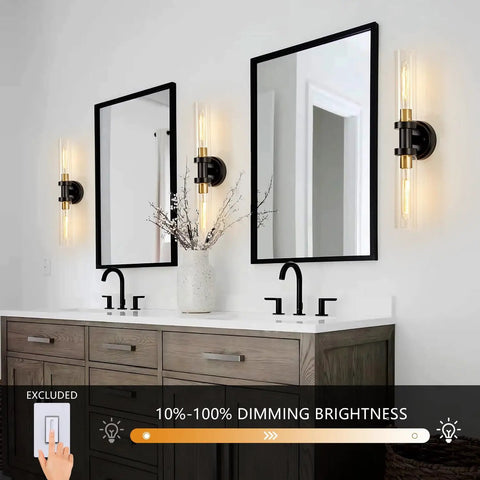 Industrial Modern Bathroom Wall Sconces with Clear Glass Tubes, 2 Light Vanity for Mirror, Hallway, Living Room, Black Brushed Brass Finish