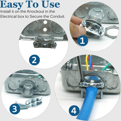Real Deal Heavy Duty Zinc Alloy Conduit Clamps 3/4 Inch Cable Connectors showing installation in electrical box steps.