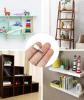 Collage of diverse shelving projects with a 5mm spoon shape shelf pin, part of 100 Pack Nickel Plated Shelf Pins, Zinc Alloy