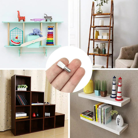 Collage of diverse shelving projects with a 5mm spoon shape shelf pin, part of 100 Pack Nickel Plated Shelf Pins, Zinc Alloy