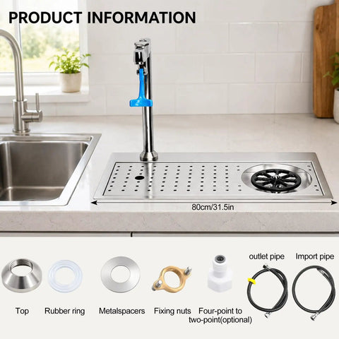 Heavy Duty 304 Stainless Steel Glass Rinser And Cup Washer For Bars Featuring Built In Recessed Sink Mount with faucet and accessories.