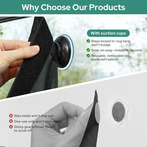 Person installing Travel Blackout Curtain That Blocks Out One Hundred Percent Sun And UV Rays No Drill Window Cover With Stickers And Suction Cups Portable Light Blocking Shades For Bedroom Nursery Dorm RV 50 By 78 Inches using suction cups.