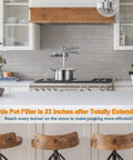 Chrome Pot Filler Faucet For Hot And Cold Water Wall Mounted Kitchen Folding Faucet Over Stove Solid Brass Dual Handle With Precise Temperature And Flow Control Modern Style in a kitchen, extended over stove to fill pot.