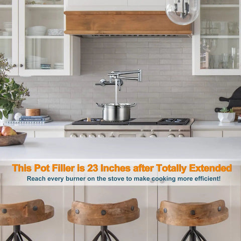 Chrome Pot Filler Faucet For Hot And Cold Water Wall Mounted Kitchen Folding Faucet Over Stove Solid Brass Dual Handle With Precise Temperature And Flow Control Modern Style in a kitchen, extended over stove to fill pot.