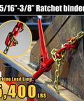 Heavy Duty Ratchet Chain Binder And Five Sixteenths To Three Eighths Inch Transport Chain Kit With Grappling Hook on truck bed