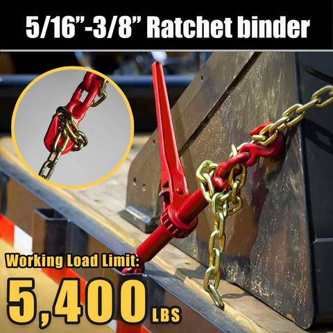 Heavy Duty Ratchet Chain Binder And Five Sixteenths To Three Eighths Inch Transport Chain Kit With Grappling Hook on truck bed