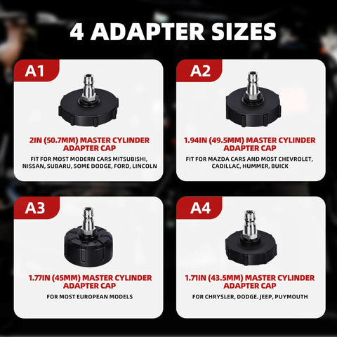 Image showing 4 adapter sizes for 3L Brake Bleeder Kit With Vacuum Pump, suitable for various vehicle models.