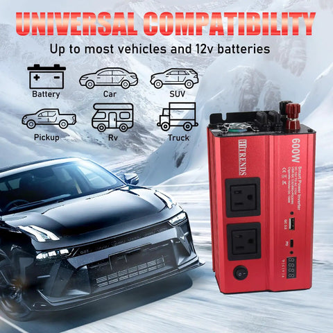 Kickass 600W Car Power Inverter Converts 12V DC To 110V AC With PD 30W USB C Port And Dual AC Plugs in snowy vehicle landscape.