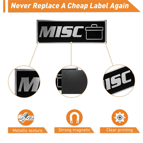 Built Tough Metal Magnetic Tool Box Labels Set for Heavy Duty Tool Chests, Drawer Organization and Garage Storage, Premium Magnetic Labels for Tool Box Accessories Black Finish showing metallic texture and strong magnetic grip.