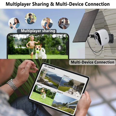 Image showing Outdoor Solar Magnetic Mount Security Camera Wireless 4MP Battery Powered with AI motion detection on tablet and phone.