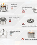2250W Alcohol Stove For Camping And Outdoors features, including stainless steel build, sealed cover, foldable stand, and high heat output.