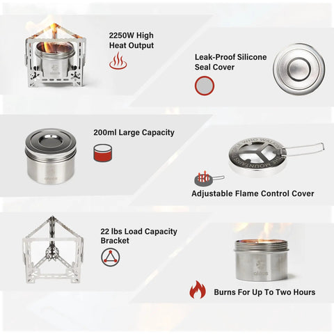 2250W Alcohol Stove For Camping And Outdoors features, including stainless steel build, sealed cover, foldable stand, and high heat output.