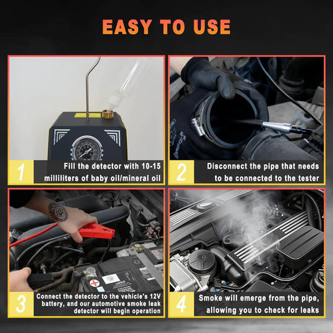 Steps to use EVAP Smoke Tester With Built-In Air Pump And Pressure Gauge, 12V DC Automotive Leak Detector for various vehicles.
