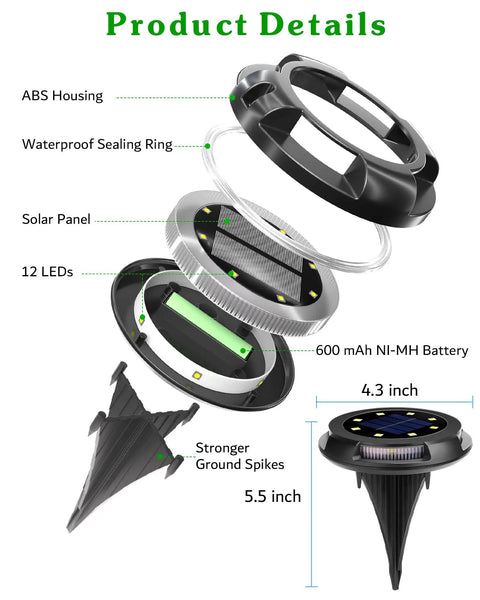 Exploded view of Solar Outdoor Walkway Lights 12 Pack Bright Ground Lights Uplight And Sidelight Waterproof, showing components