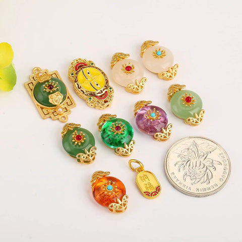 Top Shelf Sand Gold Inlay Stone DIY Jewelry Beads Featuring Braided Rope Accents And Durable Baking Lacquer Coating For Fly Bracelets Necklaces And Badass Pendant Spacers Pack Of 10, assorted colorful beads with gold accents and a coin for scale.