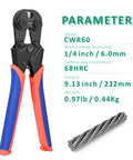 6mm Ratchet Wire Rope Cutter with 68 HRC Hardened Blade, Cr-Mo Steel, blue and orange handles, and cable specifications