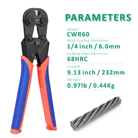 6mm Ratchet Wire Rope Cutter with 68 HRC Hardened Blade, Cr-Mo Steel, blue and orange handles, and cable specifications