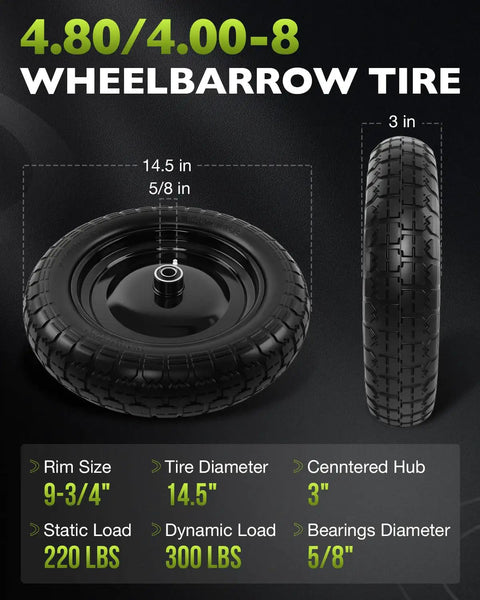 Flat Free 14.5 Inch Wheelbarrow Tire And Wheel Workhorse Replacement For Garden Carts Wagon Barrow Fits 4.80 4.00 8 With Centered 3 Inch Hub And Five Eighth Inch And Three Quarter Inch Bearings, features and dimensions displayed.