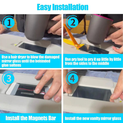 Steps to install Tesla Model 3 and Model Y sun visor mirror glass replacement, including tools and methods for setup.