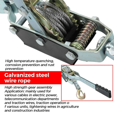 Close-up of Beefy 4 Ton Heavy Duty Dual Gear Come Along Puller with steel cable and gear details, for heavy load hoisting.
