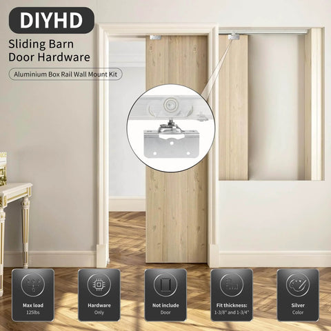 60 Inch Commercial Grade Aluminum Pocket Door Track Kit With Ceiling Mount Box Rail Sliding Hardware For Quiet Smooth Operation, Three Wheel Hangers With Ball Bearings, Built To Last Heavy Duty Pocket Door System For 1 3 8 Inch To 1 3 4 Inch Door Panels shown in elegant interior setting.