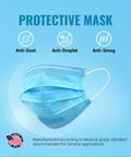 Top Shelf 3 Layer Disposable Face Masks, Individually Wrapped 50 Pack, blue anti-dust, anti-droplet, anti-smog design.