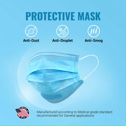 Top-Shelf 3-Layer Disposable Face Masks 50 Pack Cleanroom Filtration in light blue with anti-dust, anti-droplet features.