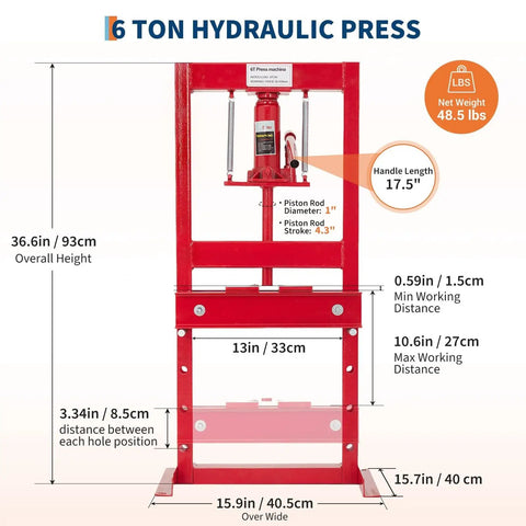 Beefy 6 Ton H Frame Hydraulic Shop Press With Adjustable Height And Built In Relief Valve Pro Grade Car Repair Tool