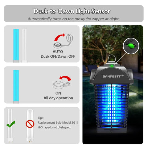 Outdoor Bug Zapper Plug In 4000V Mosquito Killer Waterproof With Dusk To Dawn Sensor displayed with UV light and sensor details.
