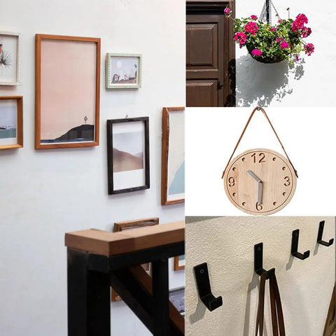 Wall with picture frames, a hanging basket, wooden clock, and coat hooks, ideal use for Self Drilling Drywall Anchors And Screws Kit.