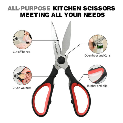 Beefy All Purpose Heavy Duty Kitchen Scissors With Detachable Blades, Serrated Edges, Nutcracker And Bottle Opener, Dishwasher Safe Multipurpose Food Shears For Meat, Veggies, Fish, Poultry And Herbs black red handles stainless steel
