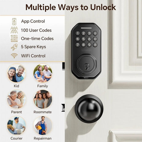 Top Shelf Wifi Keyless Entry Door Lock With Matte Black Knob Set And Smart Keypad App Control Plus One Hundred Security Codes For No Sweat Installation And Rock Solid Daily Privacy