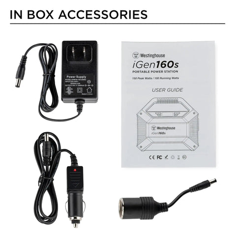Go-To Portable Power Station With 155Wh 150W Peak, accessories shown with cables and user guide layout
