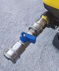 High pressure washer ball valve with blue lever and stainless steel 3/8in quick-connect fittings, close-up view