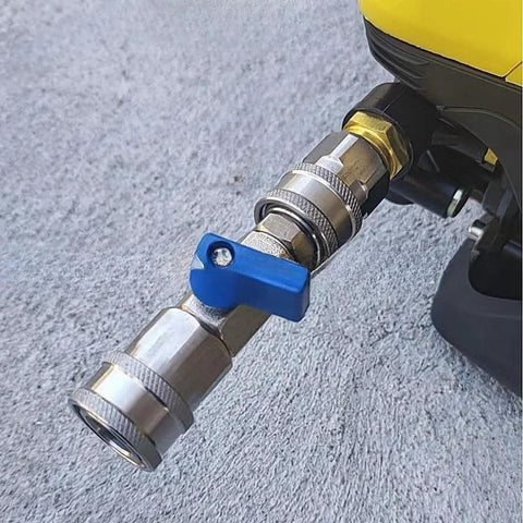 High pressure washer ball valve with blue lever and stainless steel 3/8in quick-connect fittings, close-up view
