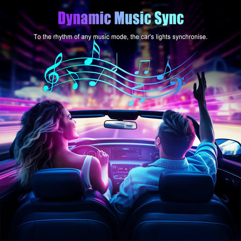 Couple enjoying a night drive with RGB Car Interior Lights With App Control And Music Sync USB Under Dash LED Strips glowing to music.