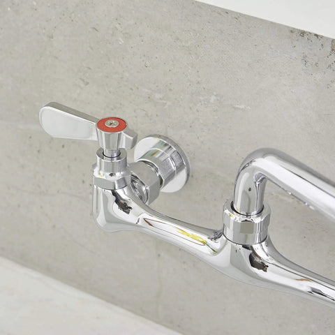 Wall Mount Kitchen Faucet With 12 Inch Gooseneck Swivel Spout 8-Inch Center Two-Handle Commercial Sink Mixer In Polished Chrome