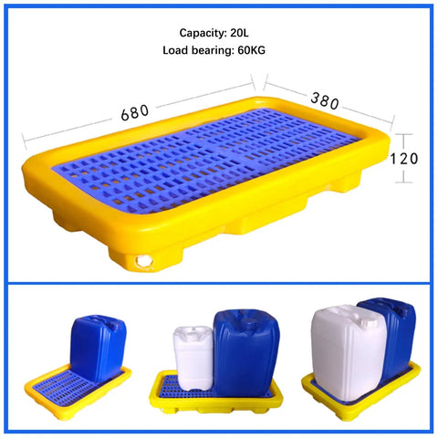 Oil Spill Containment Tray For Warehouses, Modular Polyethylene Pallet With Drain, Leakproof Anti Slip Platform 680x380x120mm